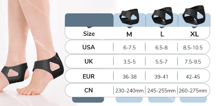 Silicone ankle brace size chart for M, L, and XL foot sizes