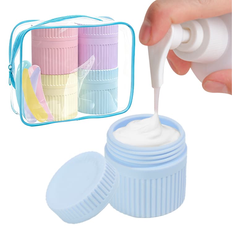 Lotion filling blue silicone cosmetic container with travel pouch set