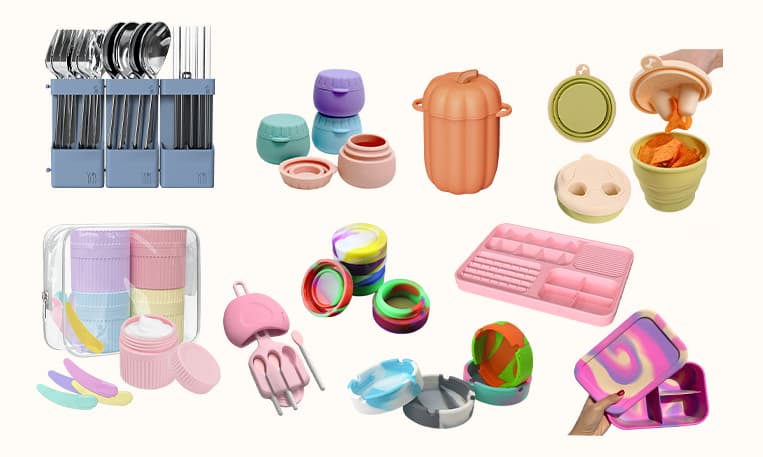 Assorted custom silicone containers for kitchen and household applications
