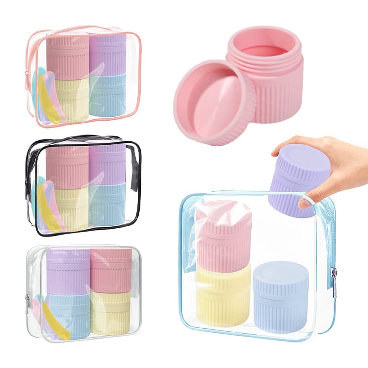 Silicone cosmetic container set with colored clear zip pouches