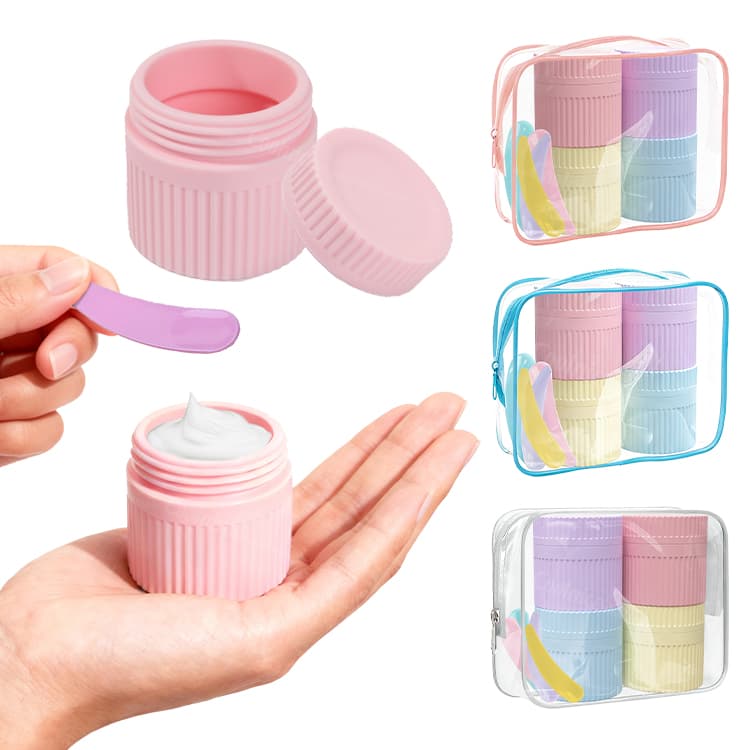 Open silicone cosmetic jar with spatula and travel pouch set