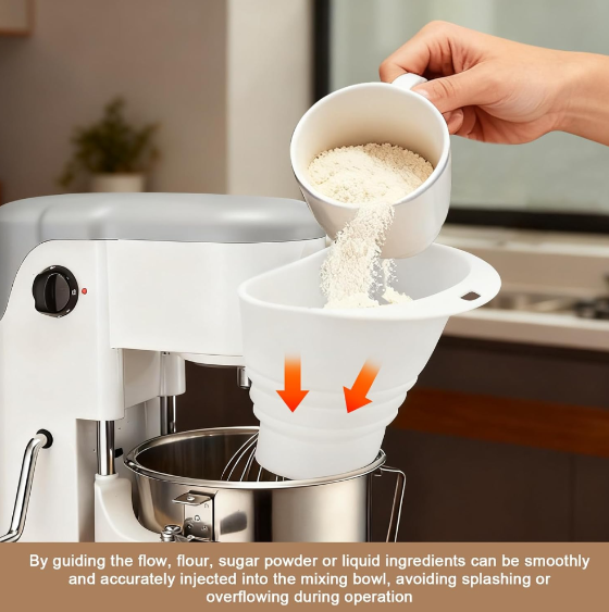 Food grade silicone flour funnel guiding ingredients into stand mixer bowl