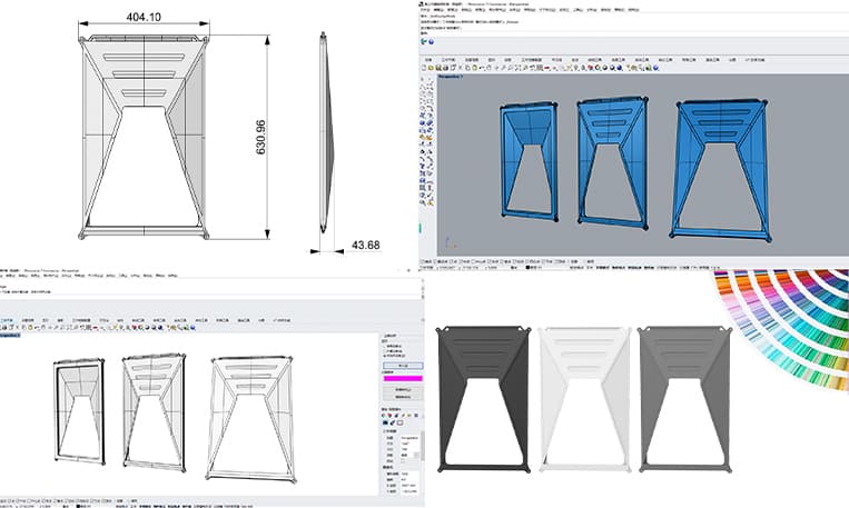 Starlink silicone protective case design sheet with engineering dimensions, 3D modeling, multi-angle renders, and Pantone color matching for OEM/ODM customization