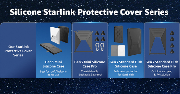 Silicone Starlink protective cover series including Gen3 Mini, Mini Pro, and Standard Dish silicone cases