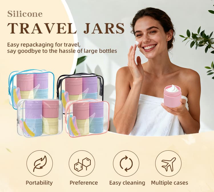 Silicone travel jars set for cosmetic cream with storage pouch