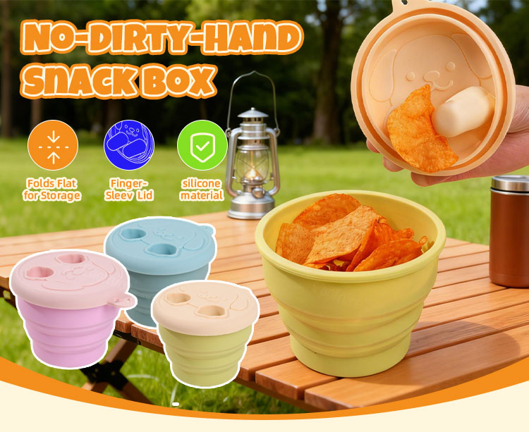 Collapsible silicone snack container with no-dirty-hands finger-cap lid design shown in outdoor picnic setting