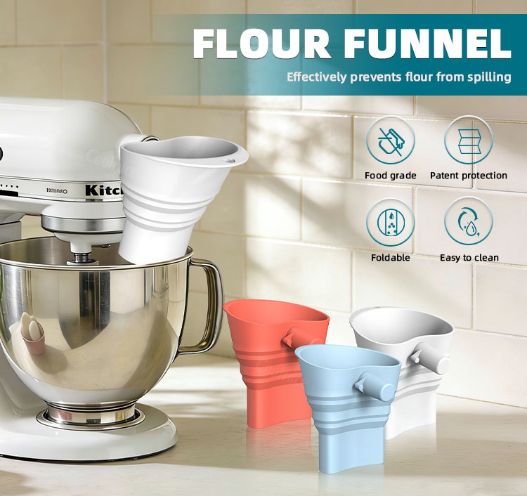 KitchenAid KSM150 Flour Funnel in multiple colors, designed to prevent flour spillage with food-grade silicone material.