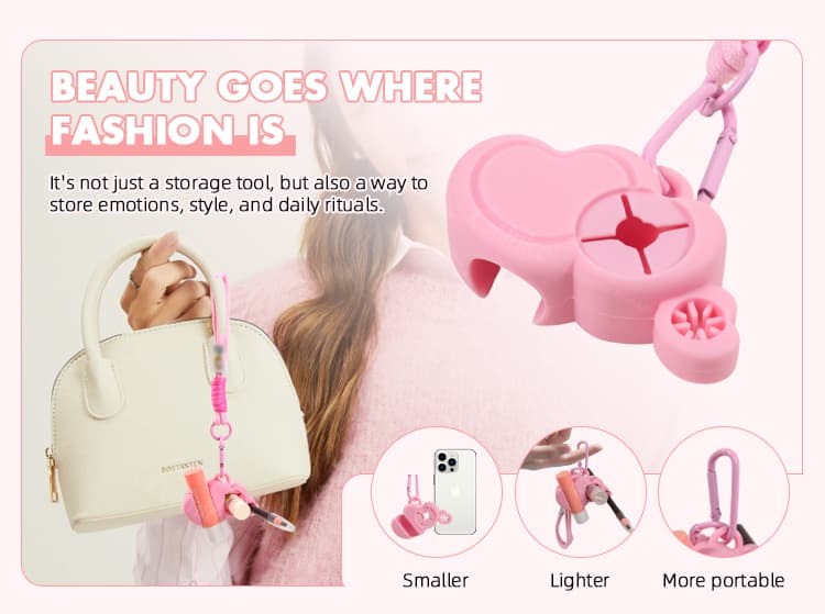 Silicone lip gloss holder charm attached to handbag