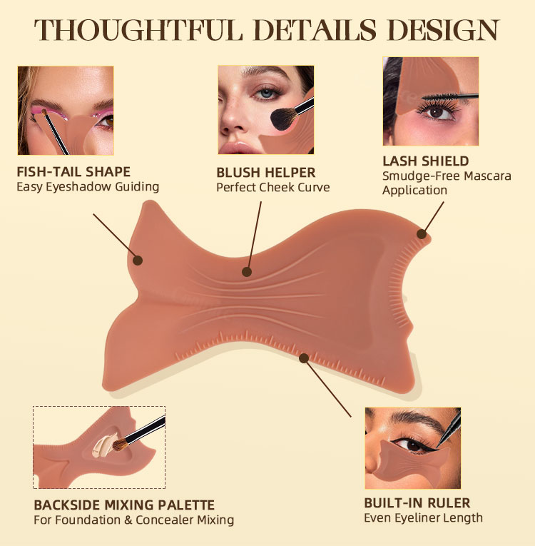 7-in-1 silicone eye makeup tool showing fish-tail eyeshadow guide, blush helper, lash shield, mixing palette and built-in eyeliner ruler design