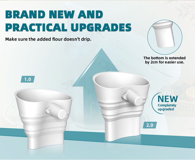Comparison of KitchenAid KSM150 Flour Funnel 1.0 vs 2.0, showing the new extended base for better flour pouring.