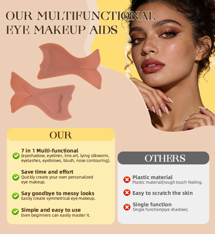 Comparison banner showing multifunctional 7-in-1 silicone eye makeup tool versus other plastic single-function makeup tools