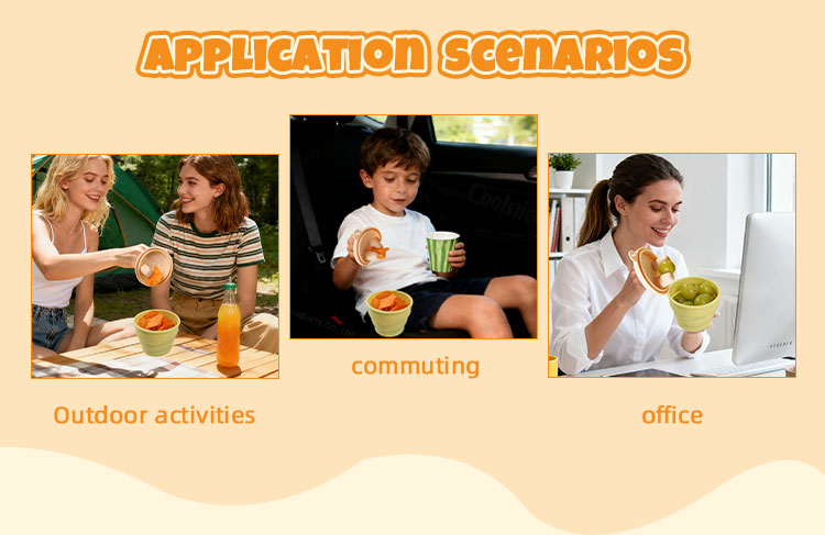 Kids and adults using silicone snack containers during outdoor activities commuting and office work