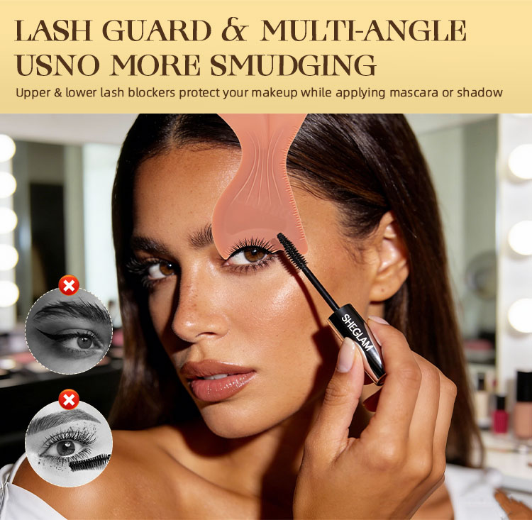 Model demonstrating silicone lash guard eye makeup tool to prevent mascara smudging on eyelids and under-eye area