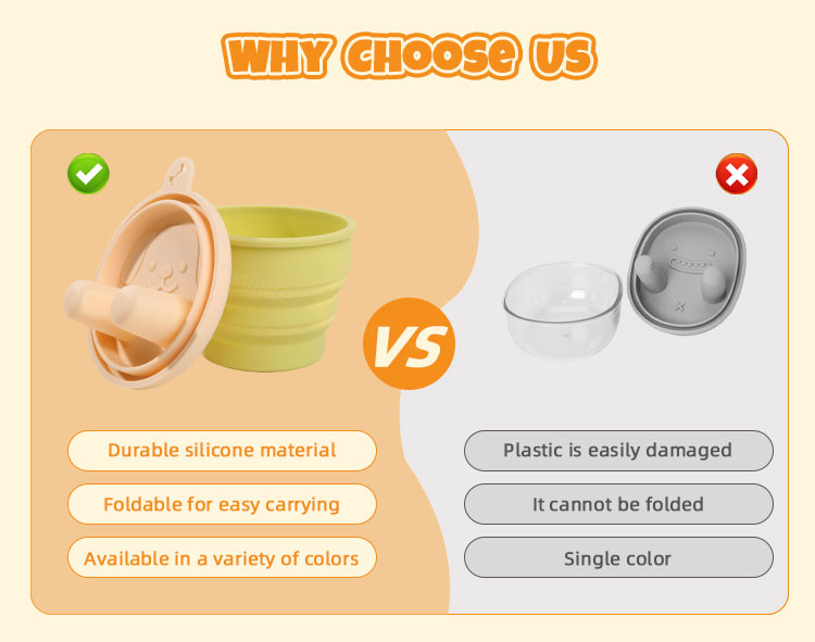 Comparison of collapsible silicone snack container versus non-foldable plastic snack bowl