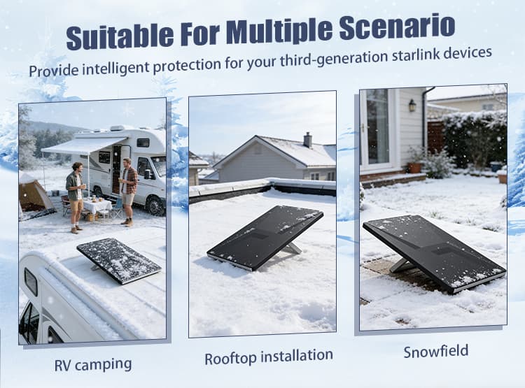 Multiple outdoor applications of the Starlink Gen 3 silicone protective case in RV camping, rooftop, and snowfield environments