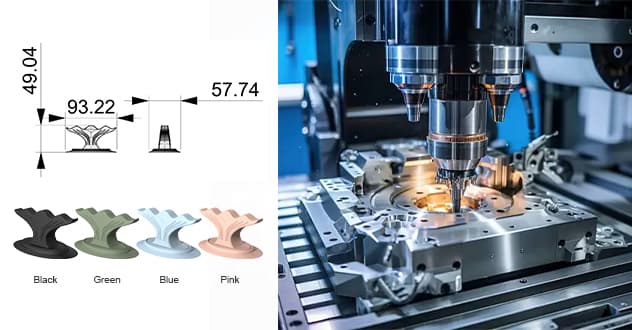 Custom silicone holder design drawings, dimensions, color options, and CNC mold manufacturing process