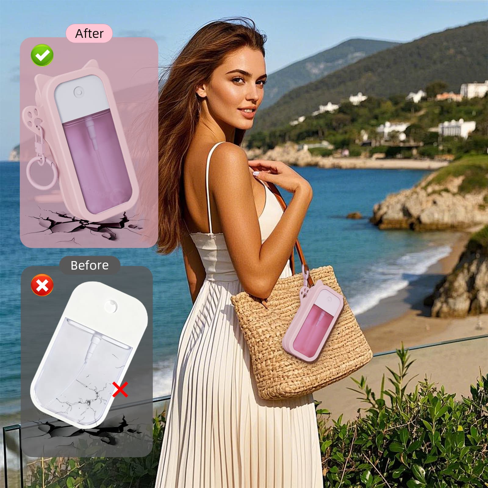 Purple silicone sanitizer holder outdoor lifestyle use