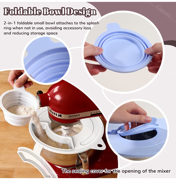 Foldable silicone bowl cover with measuring funnel detail
