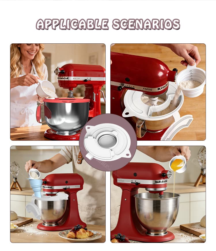 Silicone mixer bowl cover used in different baking scenarios