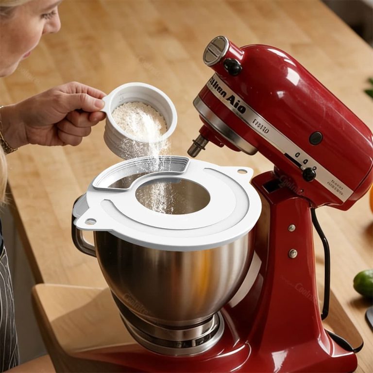 KitchenAid KSM150 splash guard preventing flour splashing during mixing