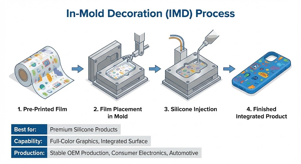 In-mold decoration IMD process showing pre-printed film placement and silicone injection molding