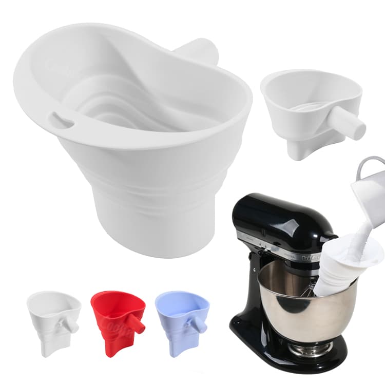 Extended silicone flour funnel for stand mixer bowl