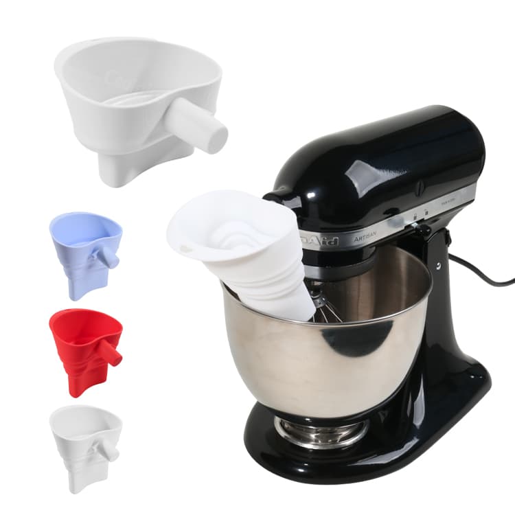 Silicone flour funnel installed on stand mixer bowl
