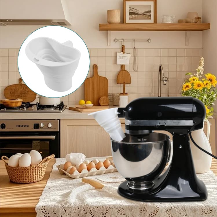 Extended silicone flour funnel used in home kitchen