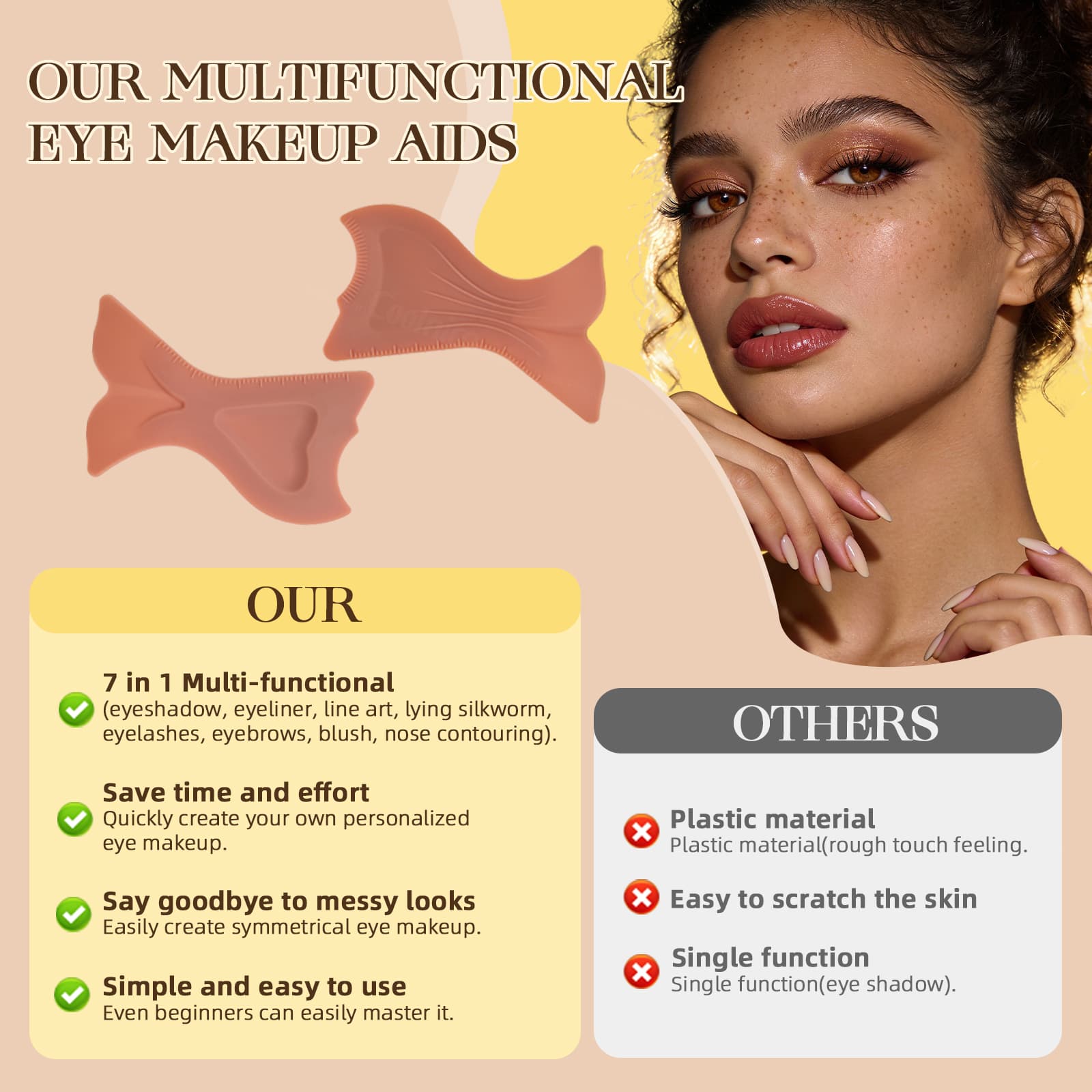 Multifunctional silicone eye makeup shield compared with plastic tools