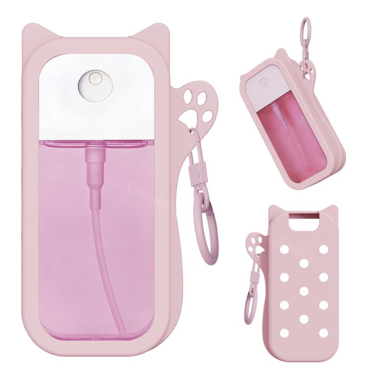 Pink silicone hand sanitizer holder with spray bottle inside