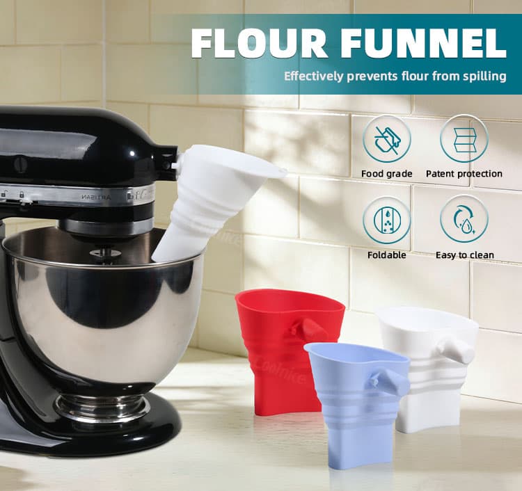 Extended silicone flour funnel preventing flour spilling during mixing
