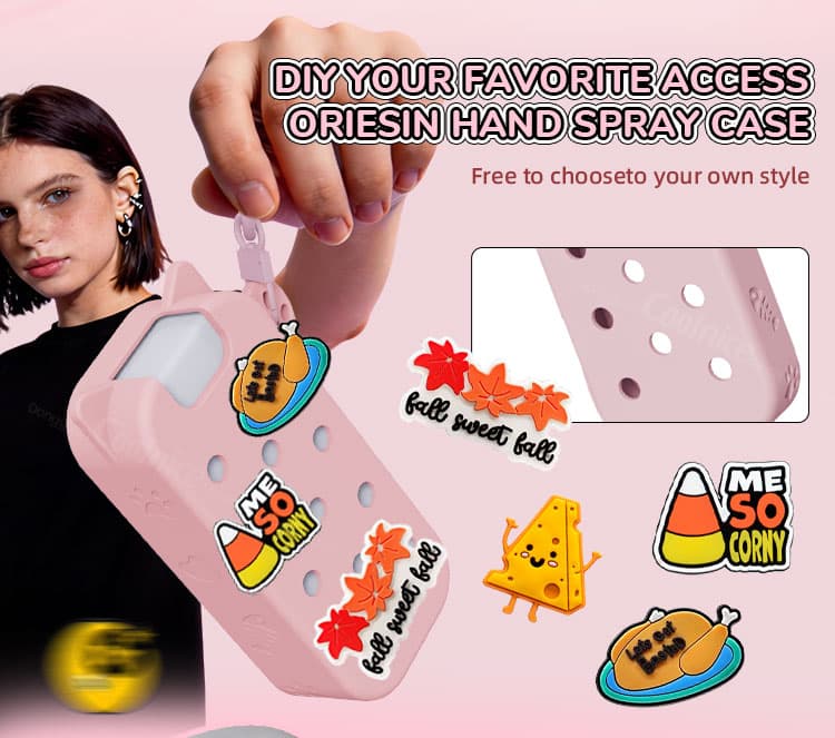 DIY decorated hand spray case with stickers and silicone holes