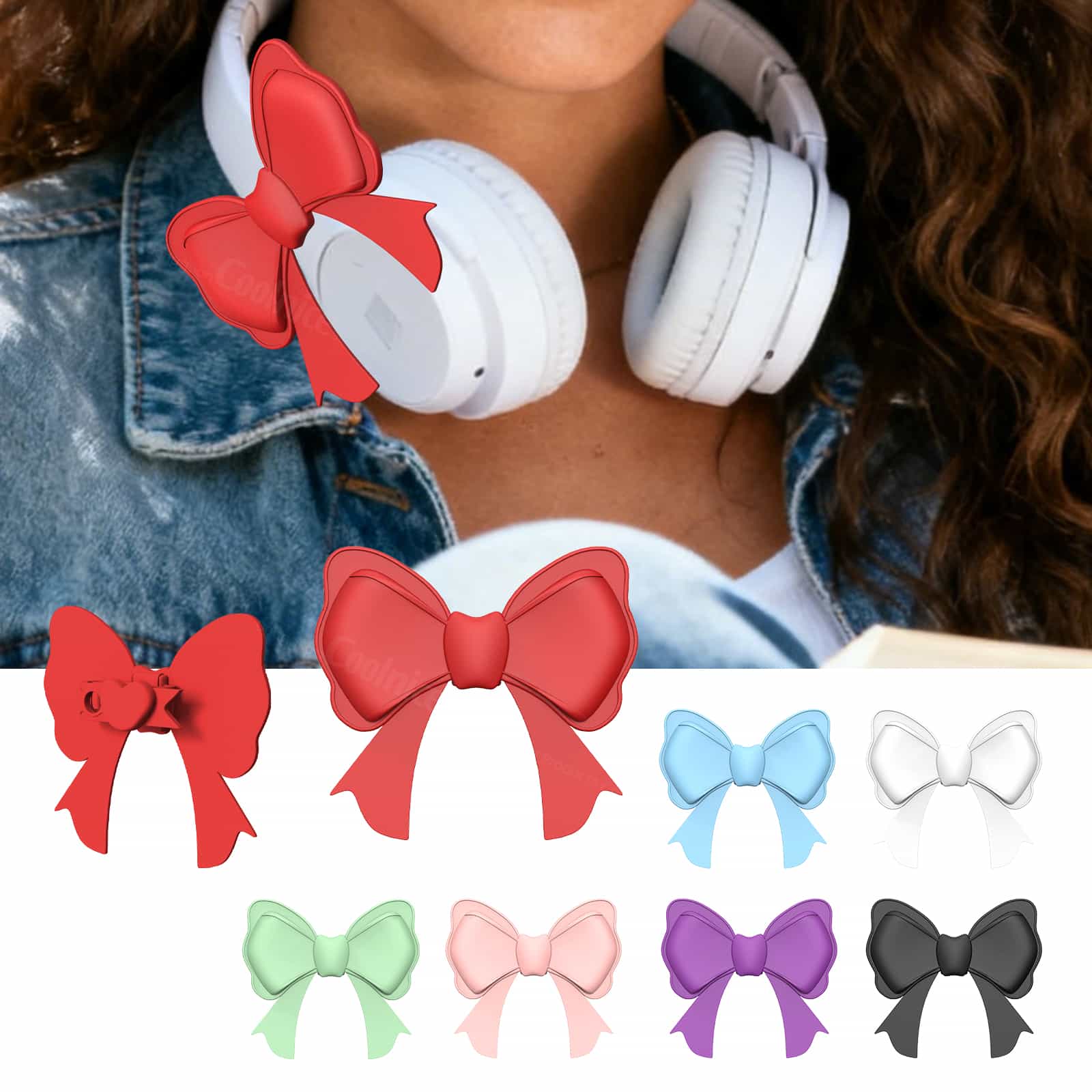 Cute bow headphone accessory worn on over-ear headphones in multiple colors