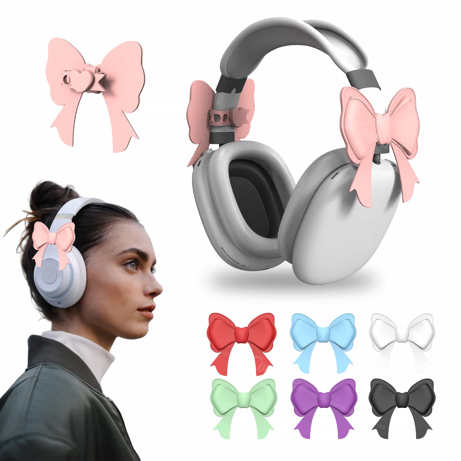 Silicone headphone bow accessory used for gaming, commuting, and daily wear