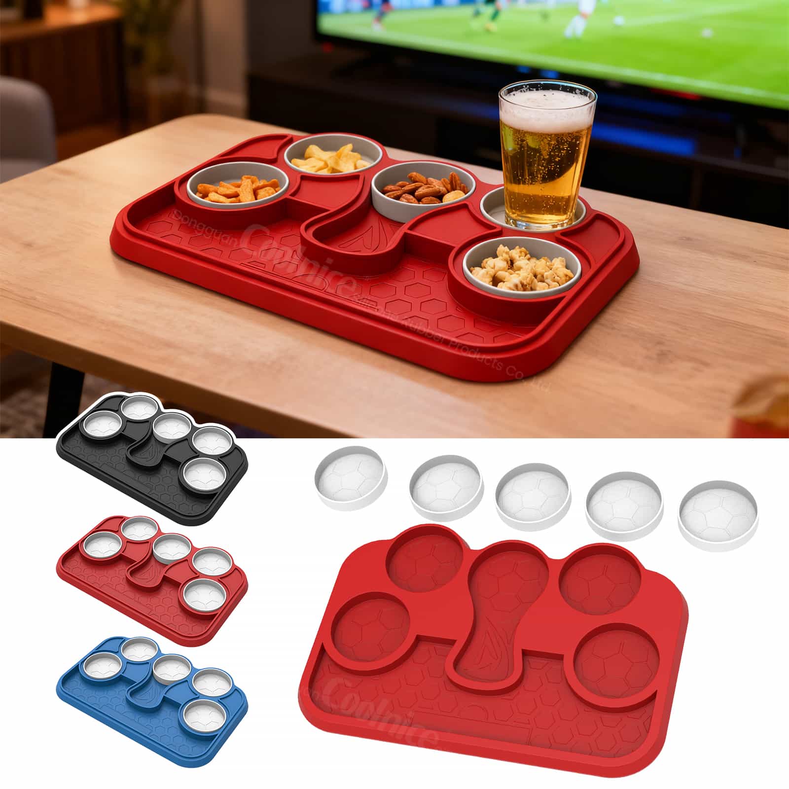Silicone snack tray structure showing raised compartments and textured base