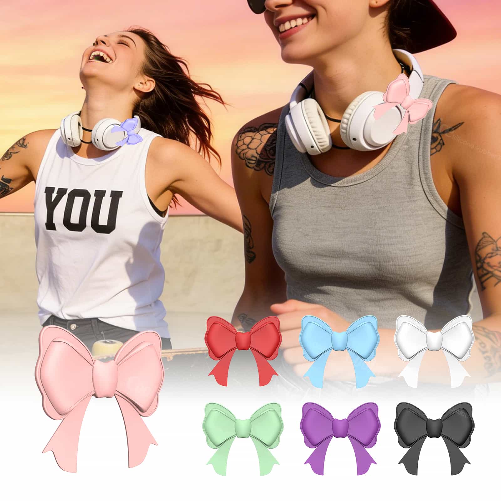 Silicone headphone bow accessory worn during outdoor activities and commuting