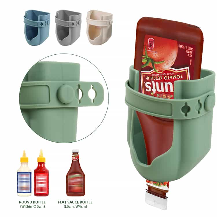 Adjustable wall mounted sauce bottle holder for round and flat bottles