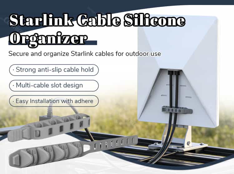 Starlink cable organizer securing multiple Starlink cables on antenna mount