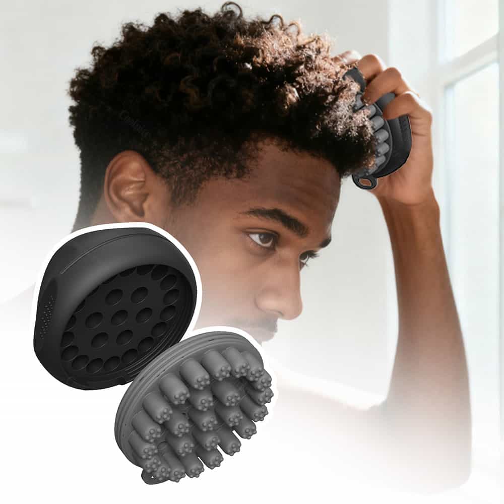 Silicone scalp massager used on curly hair with soft massage bristles