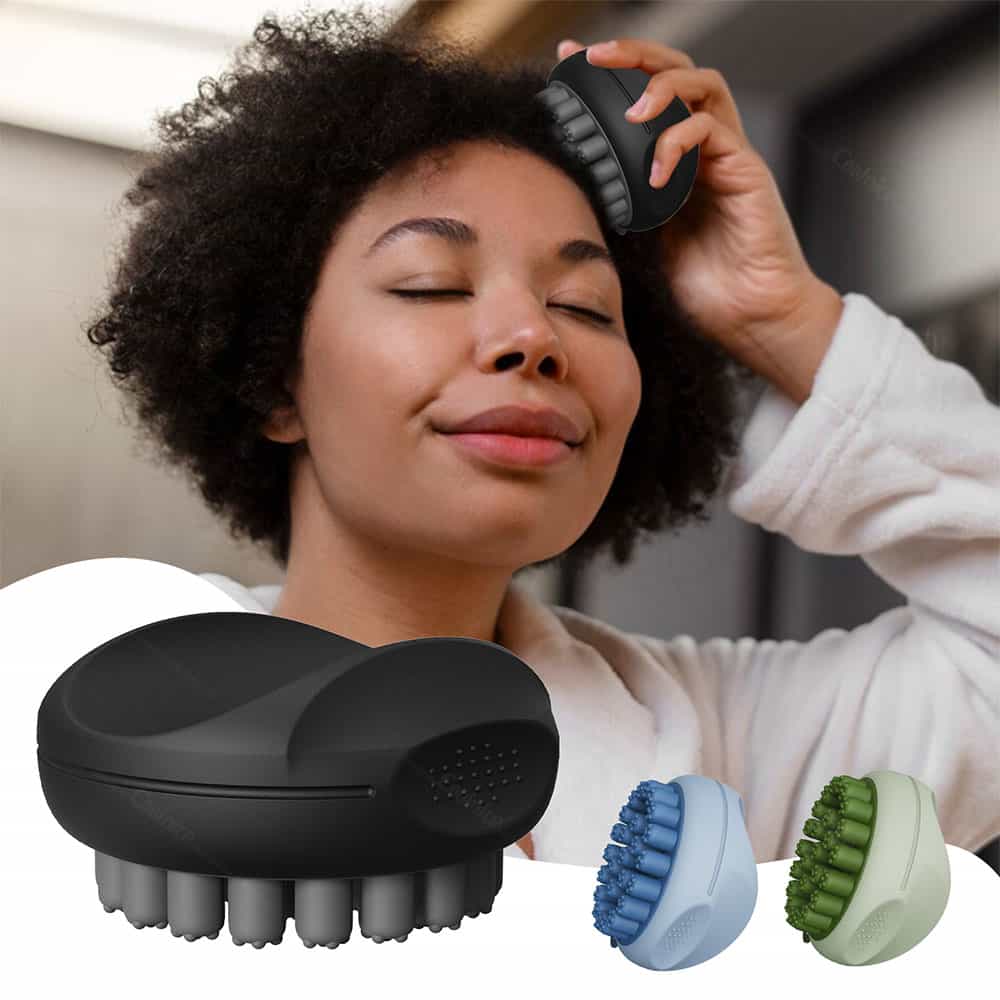 Silicone scalp massager brushing short curly hair from back