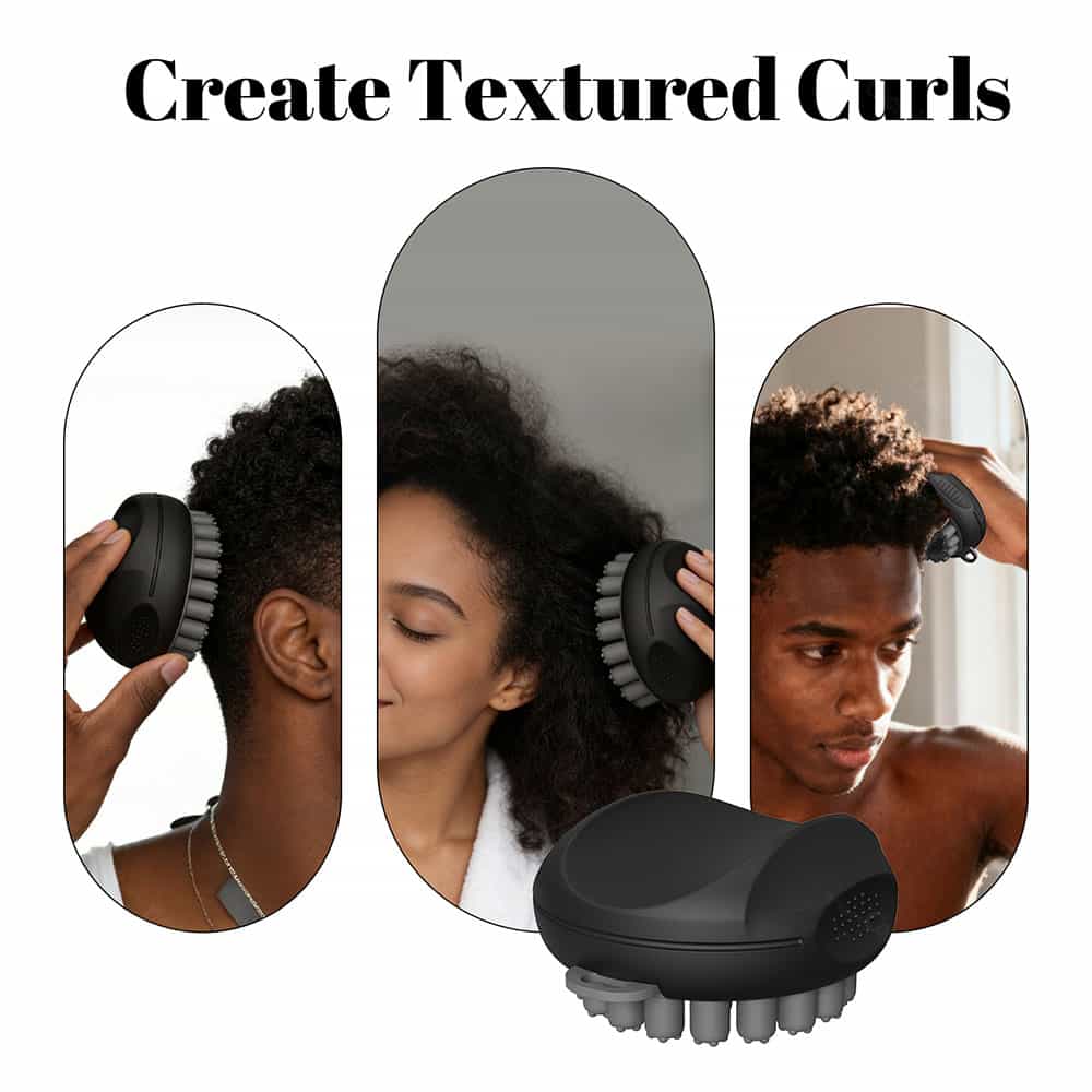 Woman relaxing with silicone scalp massager at home