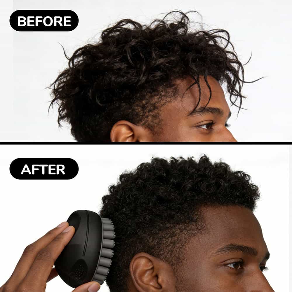 Before and after curls using silicone scalp massager