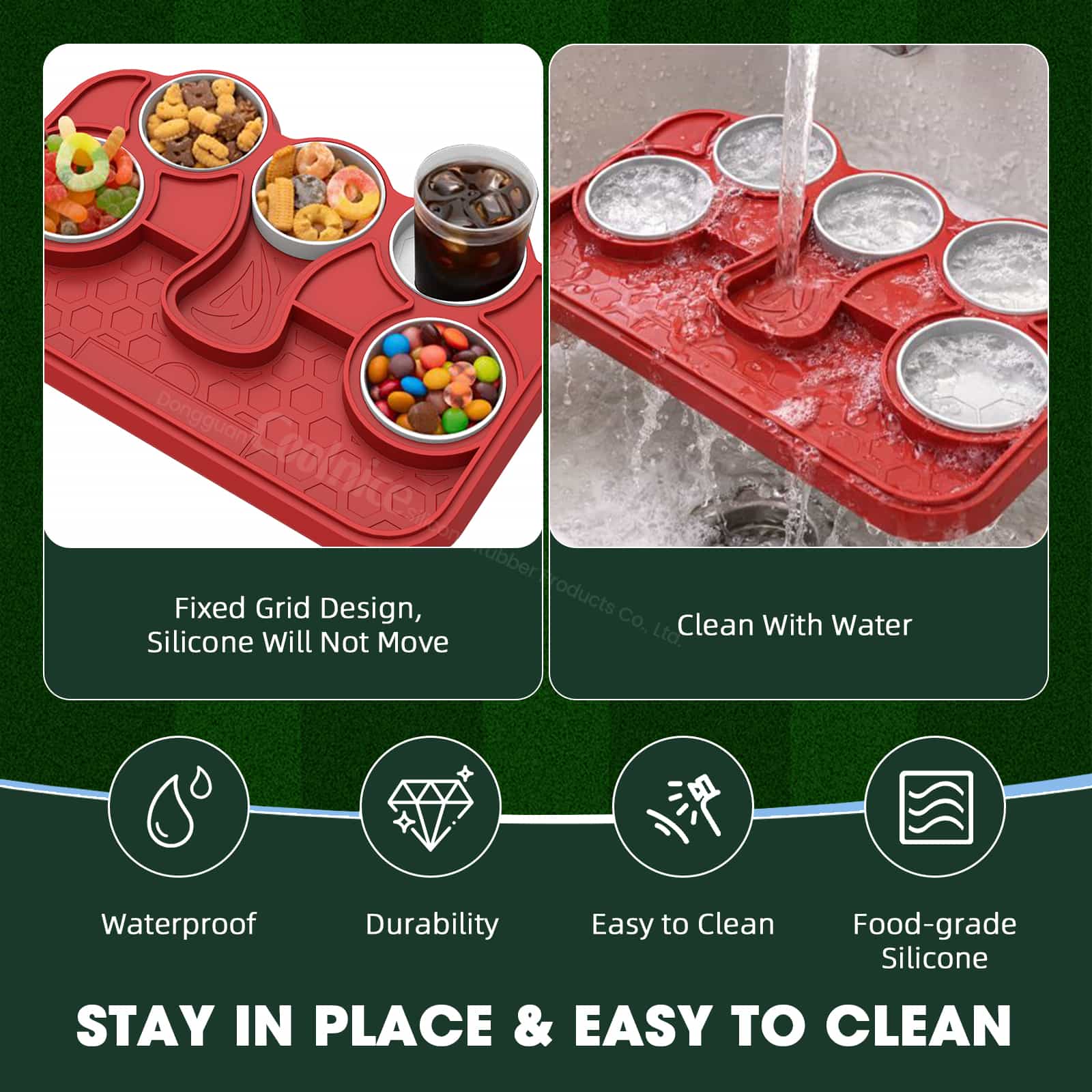 Black silicone snack tray holding snacks and soft drink