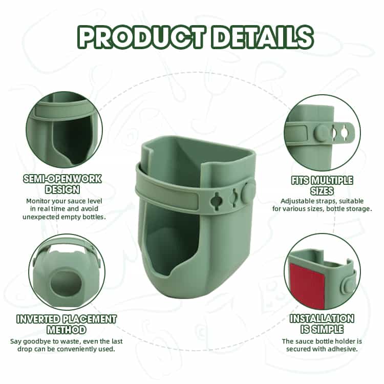 Wall mounted sauce bottle holder details showing adjustable strap and inverted design