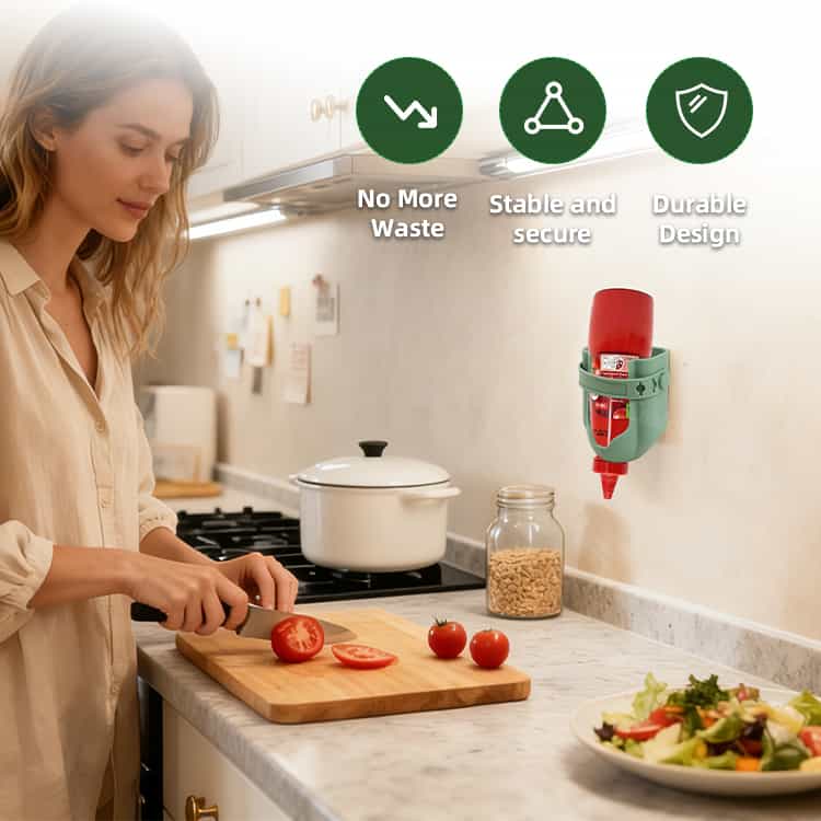 Wall mounted ketchup bottle holder used in modern kitchen cooking scene