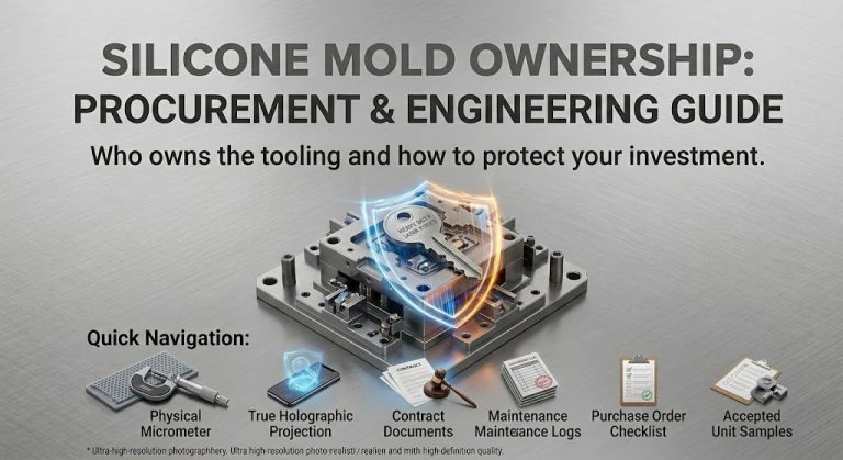 Silicone mold ownership procurement and engineering guide with tooling block illustration and contract protection concept