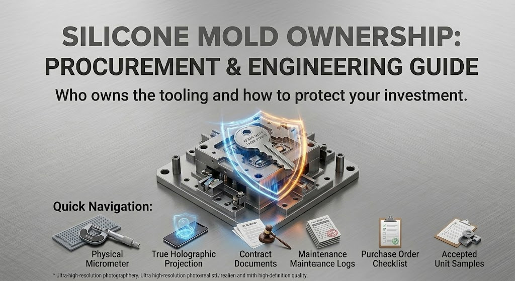 Silicone mold ownership procurement and engineering guide with tooling block illustration and contract protection concept