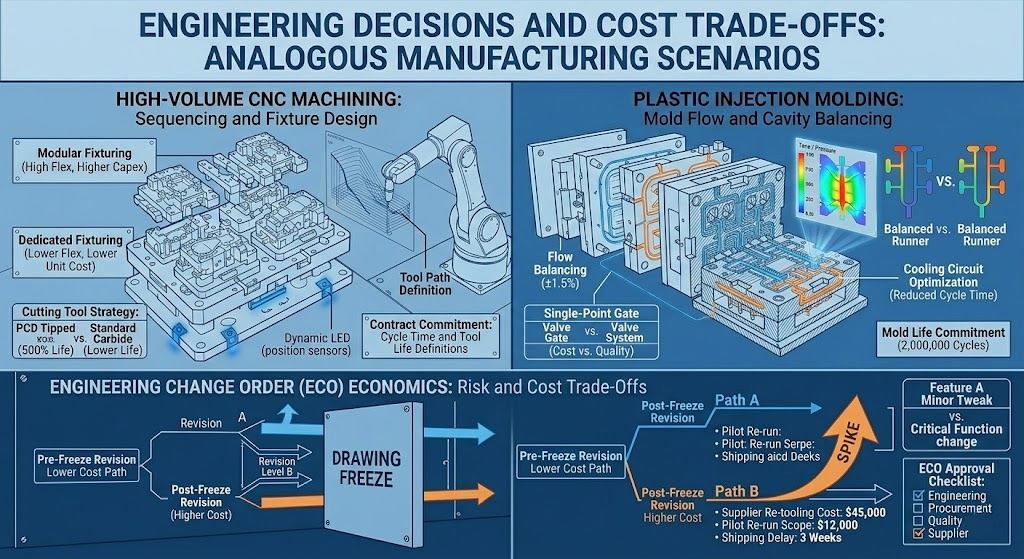 Engineering decisions and cost trade offs in CNC machining and plastic injection molding with ECO economics diagram