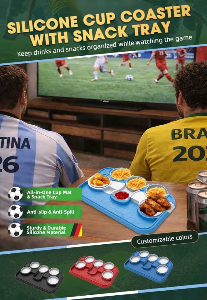 Silicone cup coaster with snack tray for watching sports and game nights