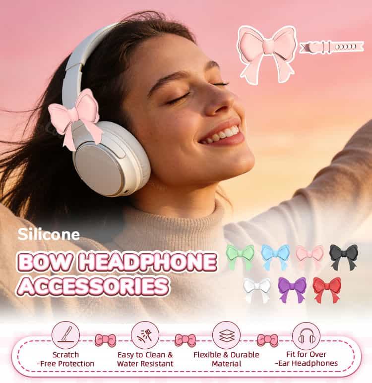 Silicone bow headphone accessories worn on over-ear headphones with multiple color options